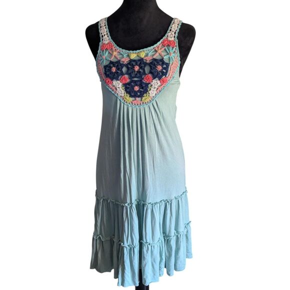 BLUE TASSEL Anthropologie Crochet Back Midi Dress S Mint Green Boho Festival - Picture 1 of 7